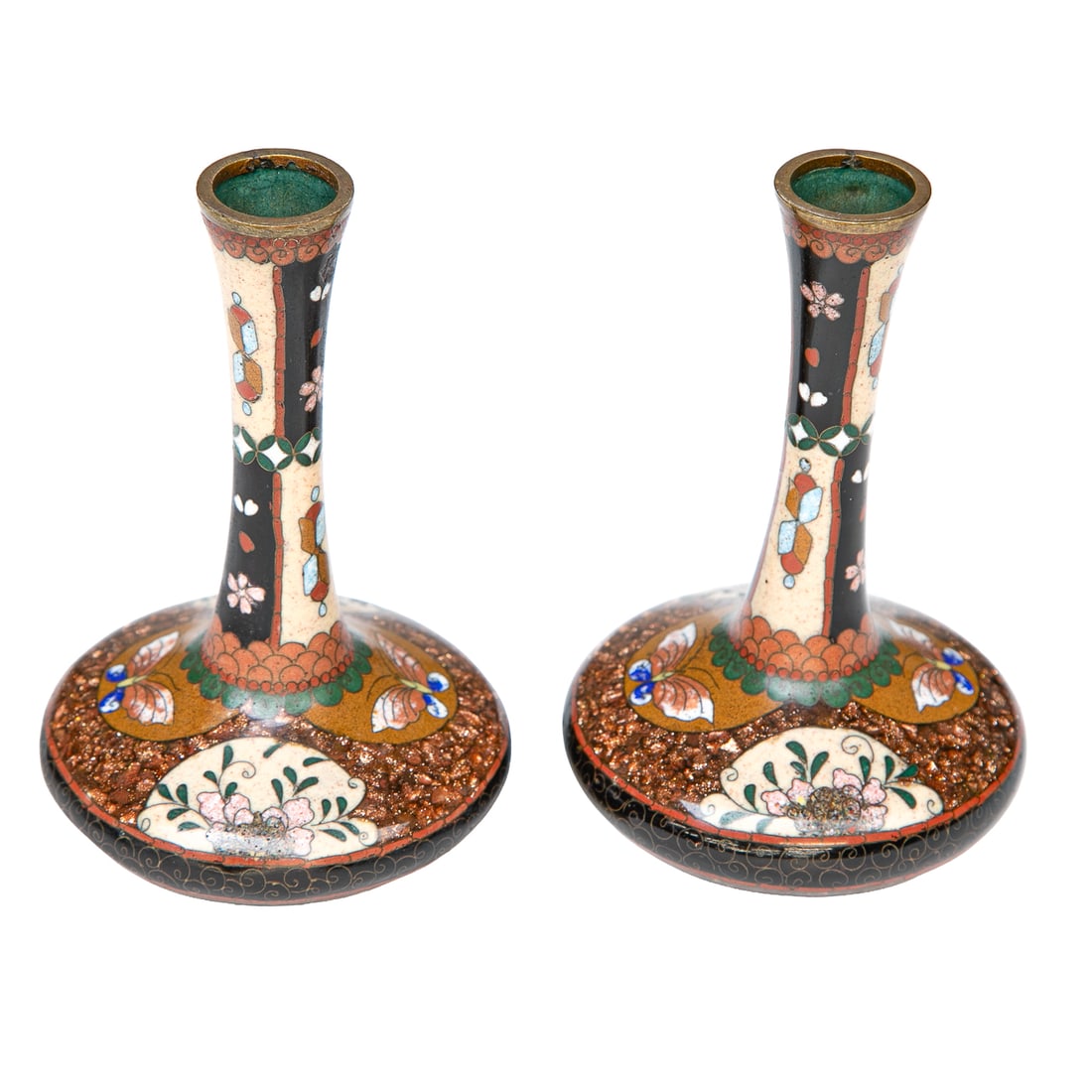 Late 19th C. Japanese Enamel Cloisonne Cabinet Vases, Pair: Late 19th C. Japanese Enamel Cloisonne Cabinet Vases, Pair, Having Brass Tops and Bottoms, Floral and Geometric Designs on Necks, Alternating Panels of Floral and Butterfly Designs, Ebony Banding, Flo