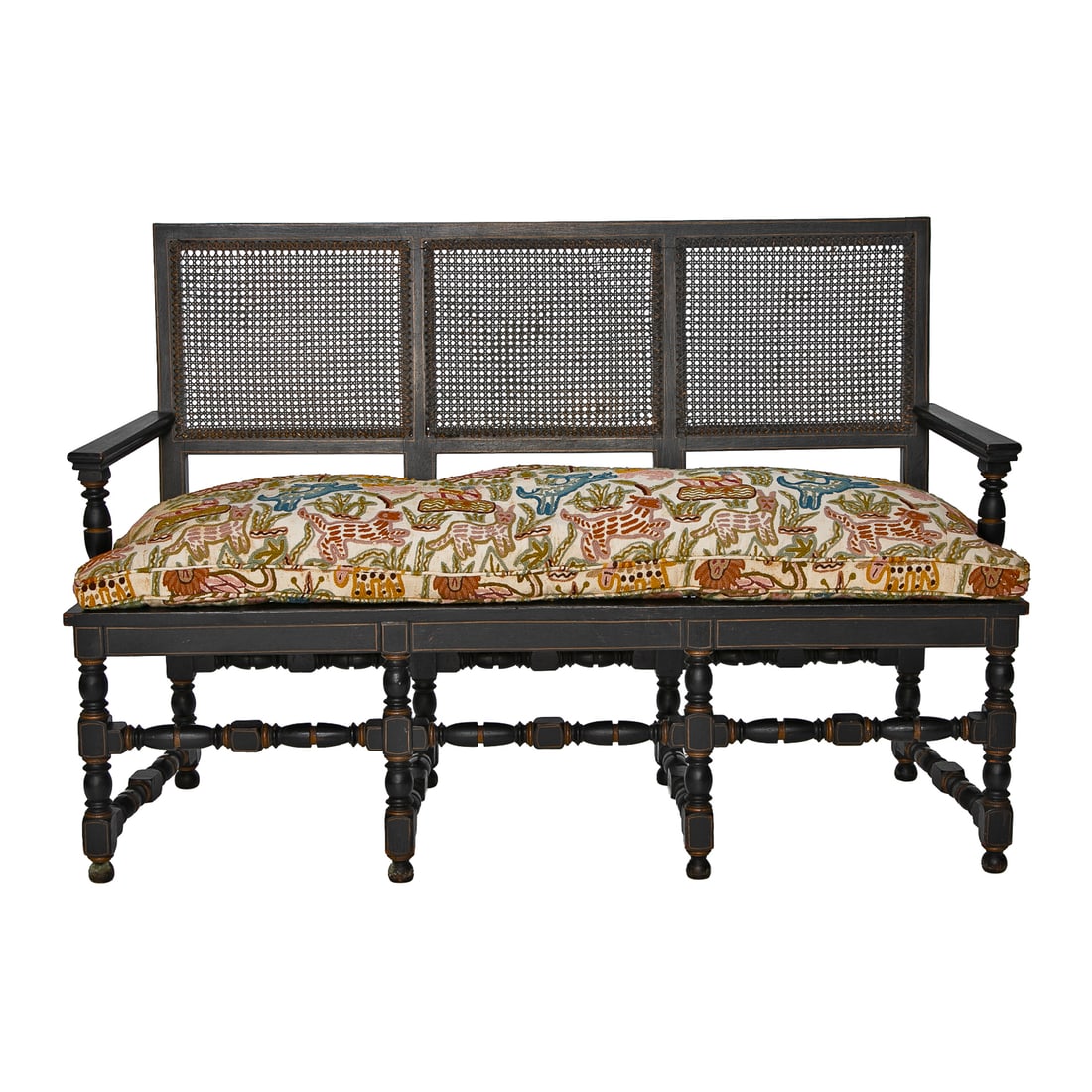 Antique English Oak Triple Back Settee: Antique English Oak Triple Back Settee, Having Ebony Finish Featuring Satinwood String Inlays, Triple Cane Back Featuring Straight Top Rail, Straight Arms Featuring Turned Arm Supports, Cane Seat Bott