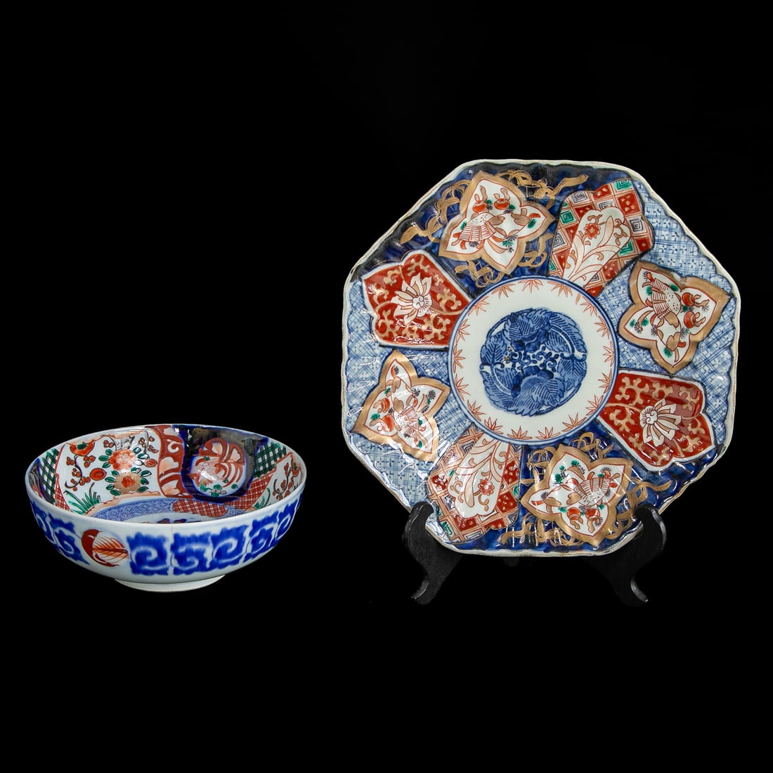 Late 19th C. Japanese Imari Porcelain Items, Two Total: Late 19th C. Japanese Imari Porcelain Items, Two Total, Includes One Octagonal Shaped Plate, Scalloped Edges, Center Having Cobalt Blue Leaf Designs, Surrounded by Alternating Panels Featuring Floral 