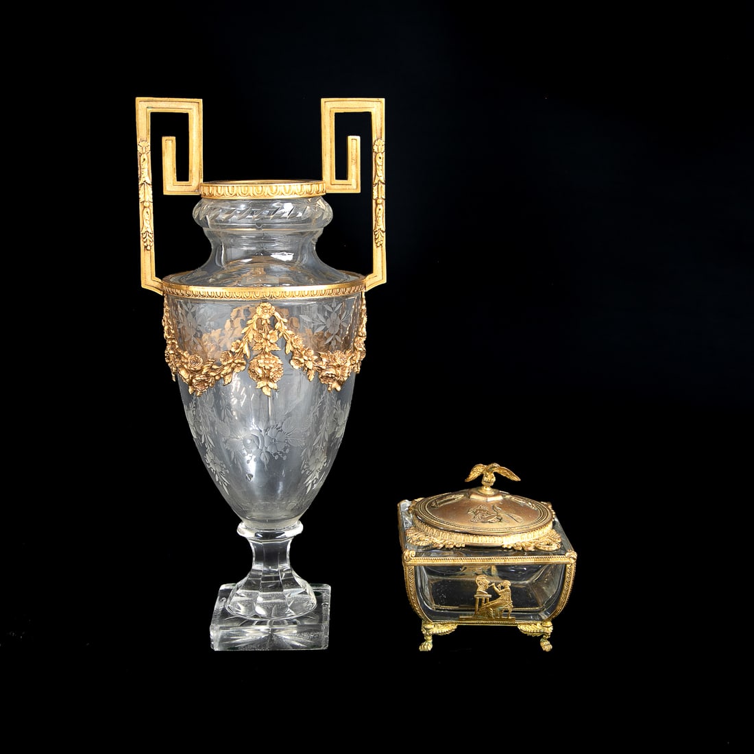 Late 19th C. French Style Gilt Bronze and Glass Table Top Items, Two Total Pieces: Late 19th C. French Style Gilt Bronze and Glass Table Top Items, Two Total Pieces, Includes One Etched Glass Vase Featuring Floral Designs, Bronze Square Handles, Egg and Dart Edge, Floral and Leaf