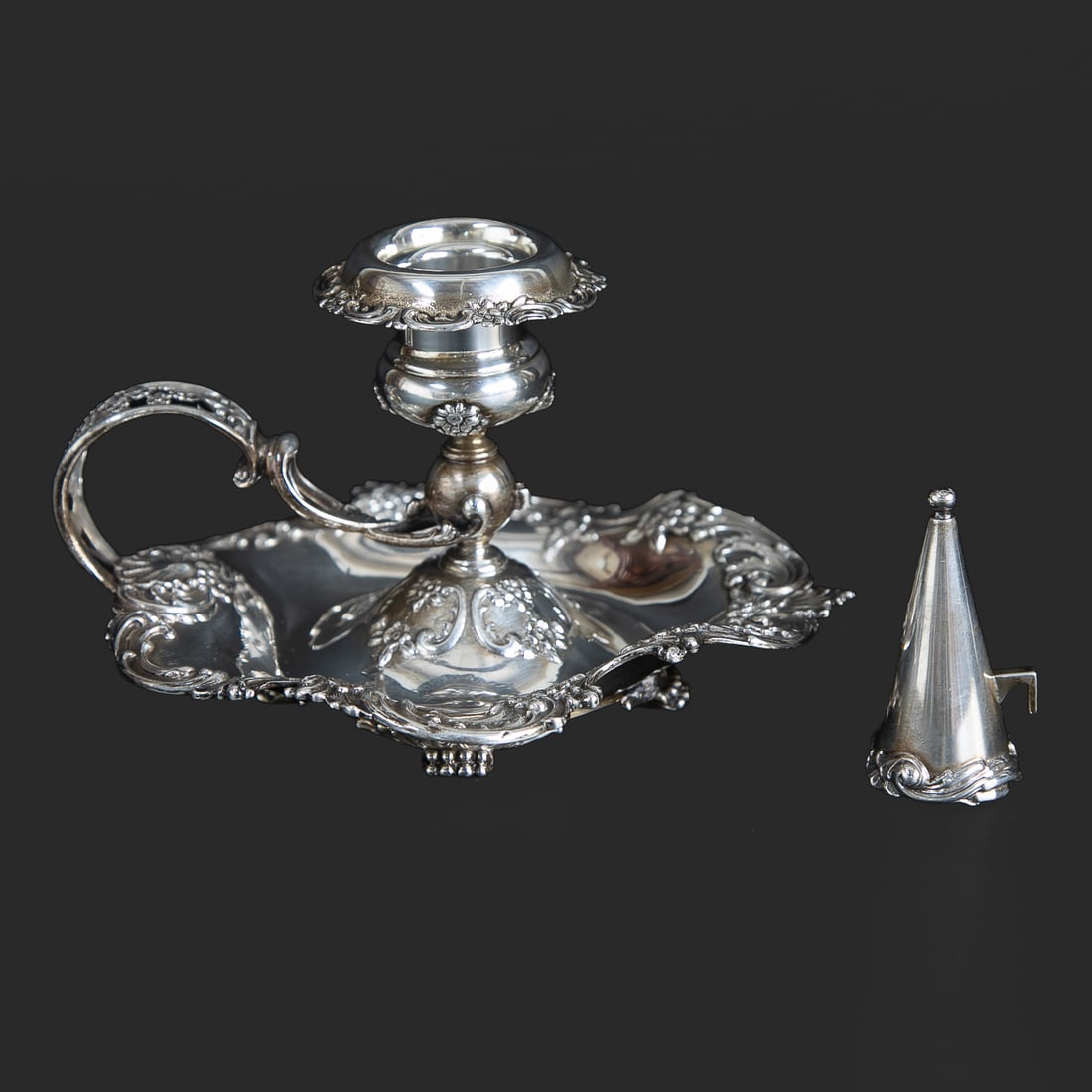 Vintage Tiffany & Company Sterling Silver Chamber Candlestick: Vintage Tiffany & Company Sterling Silver Chamber Candlestick, Having Floral and Scroll Design Drip Cup, Floral Design Body, Pierced Floral Scroll Form Handle, Resting on Shaped Base Featuring Floral