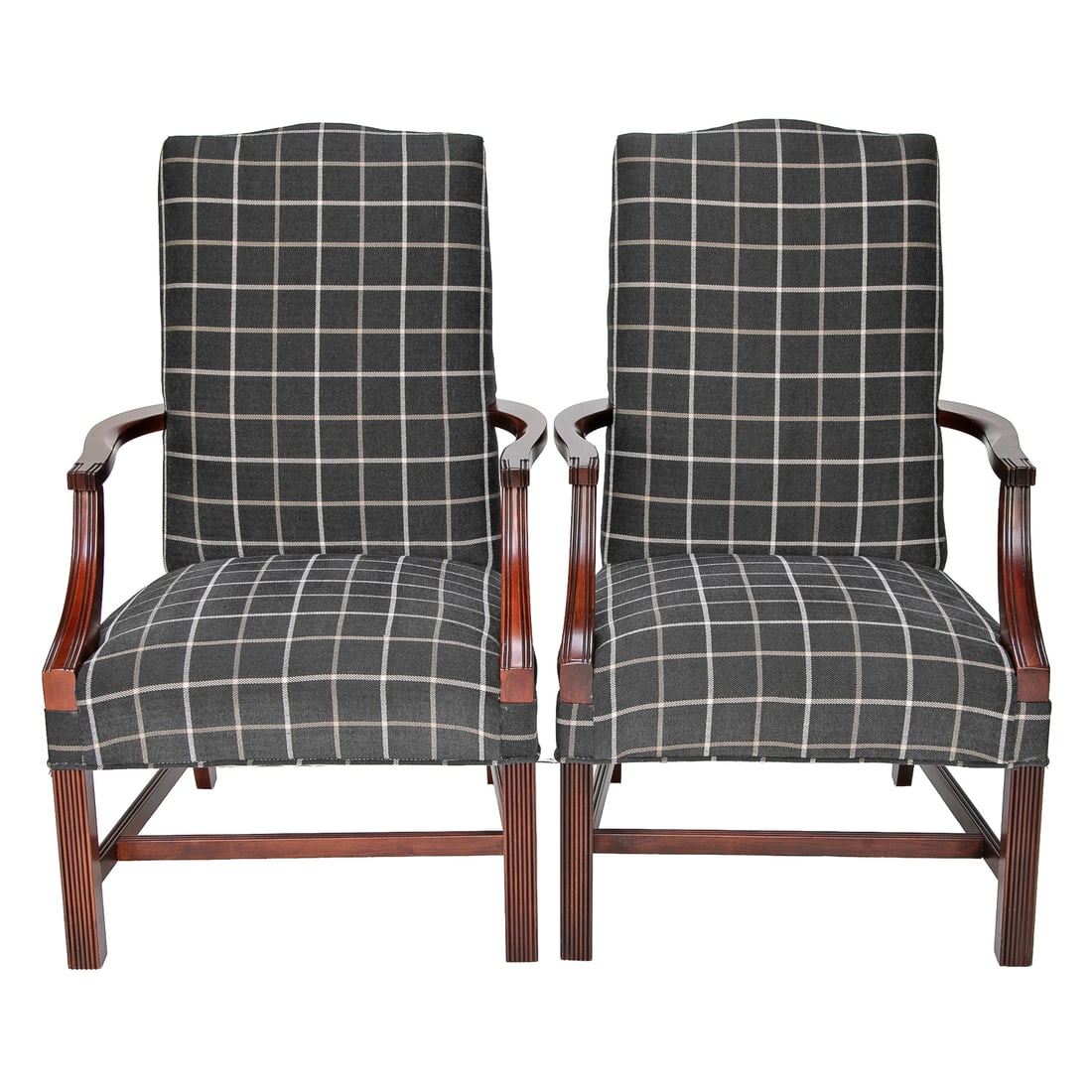 Vintage Mahogany Martha Washington Style Arm Chairs, Pair: Vintage Mahogany Martha Washington Style Arm Chairs, Pair, Having Arch Shape Top Rail, Curved Arms, Fluted Arm Supports, Resting on Straight Legs Featuring Fluted Front Legs, H Shape Support