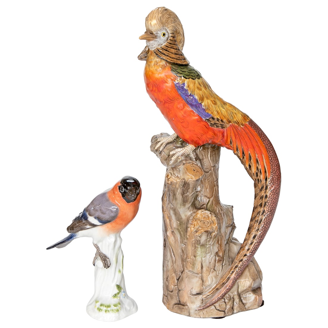 Vintage Porcelain Bird Figures, Two Total: Vintage Porcelain Bird Figures, Two Total, Includes One Capodimonte Golden Pheasant Figure, Depicting Multi Color Golden Pheasant with Collar Like Neck, Beautiful Feathers, Resting on Rock Form Base, 