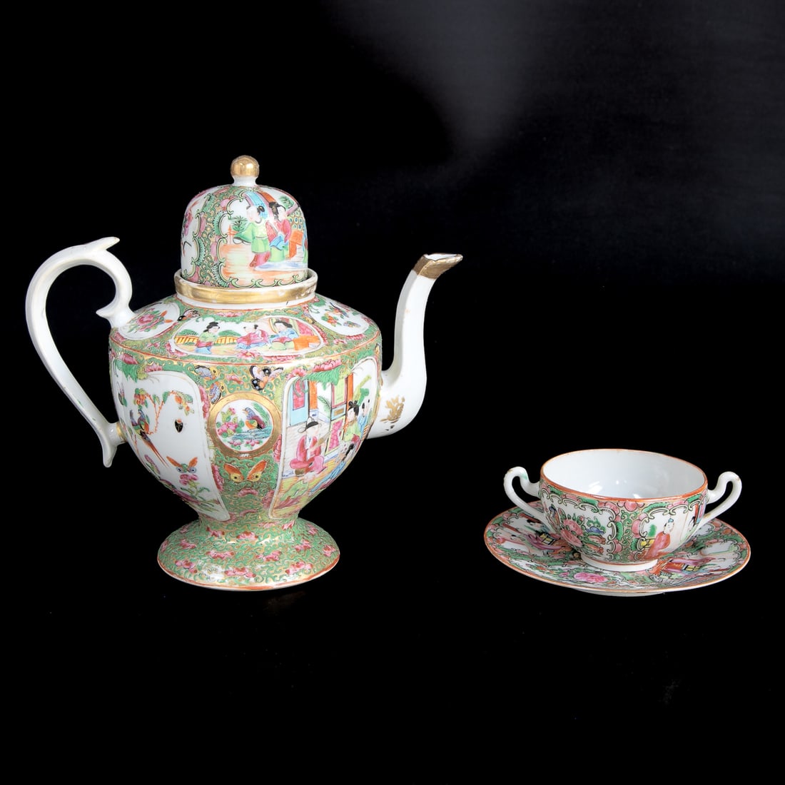 Late 19th C. Chinese Export Rose Medallion Porcelain Tea Pot and Cup and Saucer, Three Pieces (1 of 12)