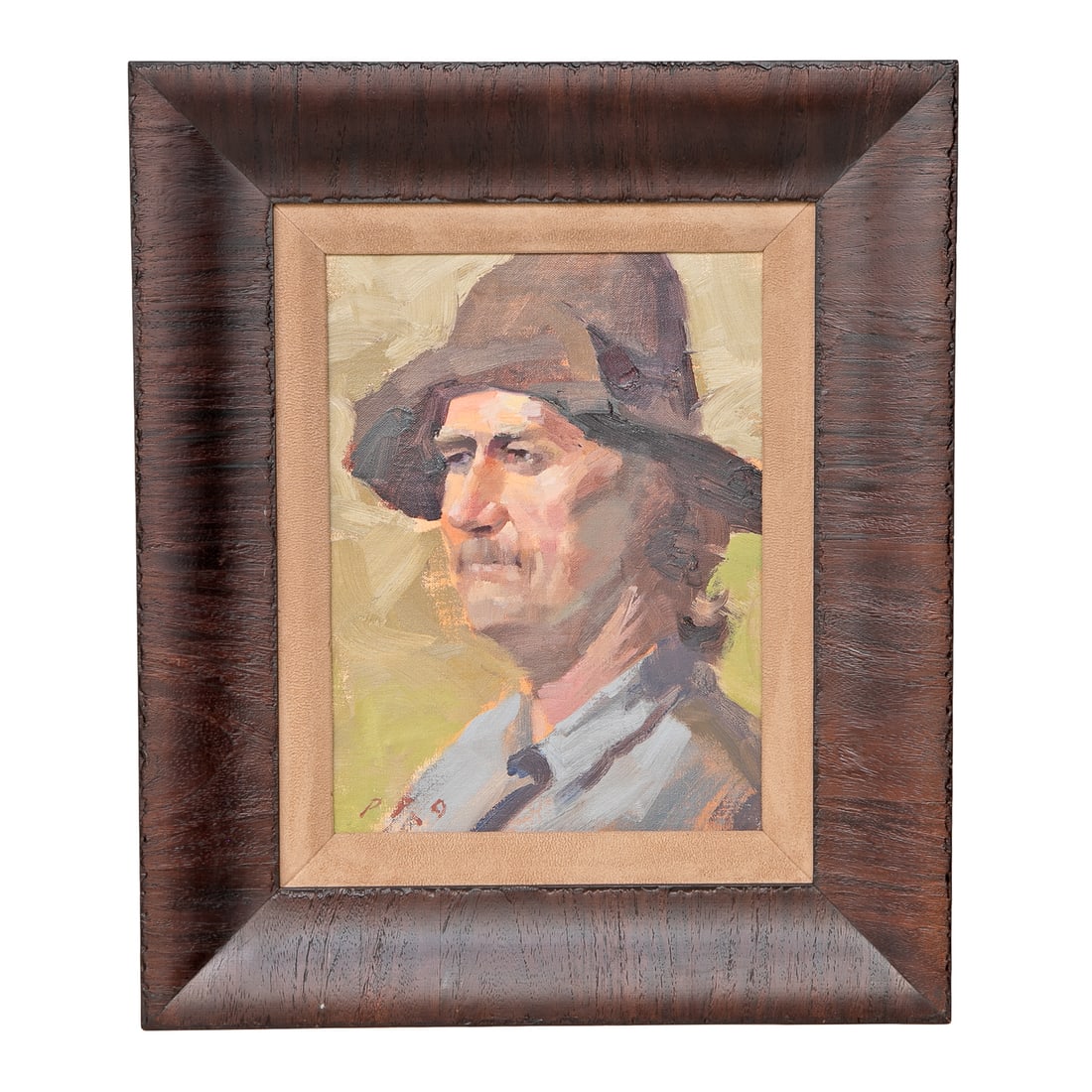 Male Bust Portrait, Oil on Canvas: Male Bust Portrait, Oil on Canvas, Depicting Male in Gray Shirt and Brown Hat, Signed Lower Left, Tan Suede Matting, Housed in Simple Wood Frame. 19" High, 16.25" Wide, 1.25" Deep; Canvas-15" High, 11