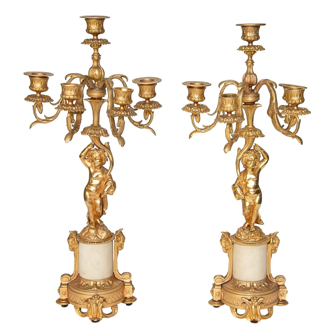 Antique Louis XVI Style Five Branch Dore Bronze Candelabra, Pair (1 of 7)