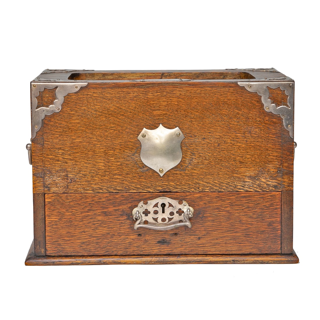 Antique English Oak Campaign Style Silver Bound Storage Box (1 of 16)