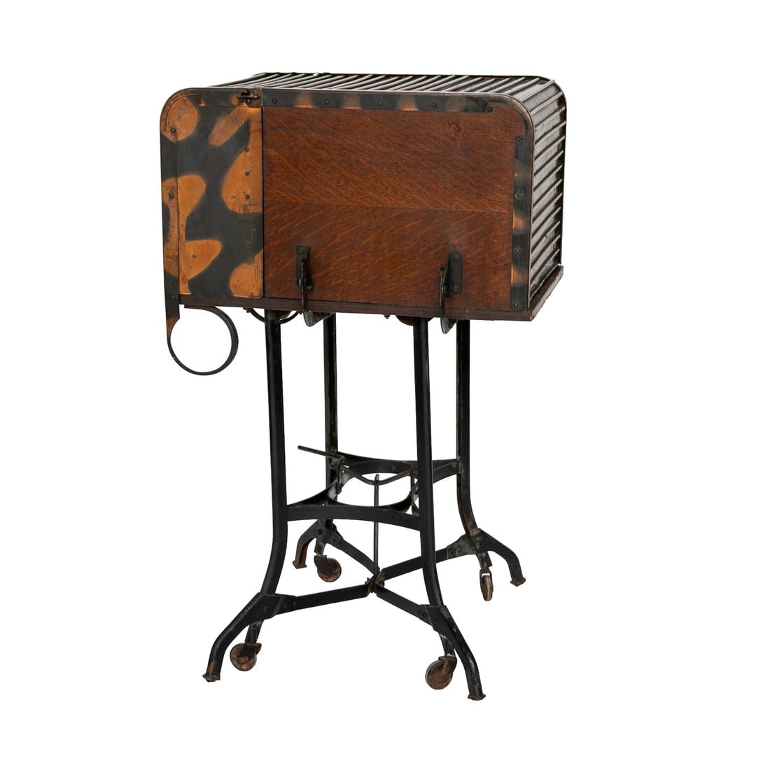 Primitive Oak and Metal Portable Work Space/Desk: Primitive Oak and Metal Portable Work Space/Desk, Having Metal Tambour Top, Interior Reveals Five Metal Letter Document Compartments, Oak Writing Surface, Sides Fold Down For Multi Level Additional Wr