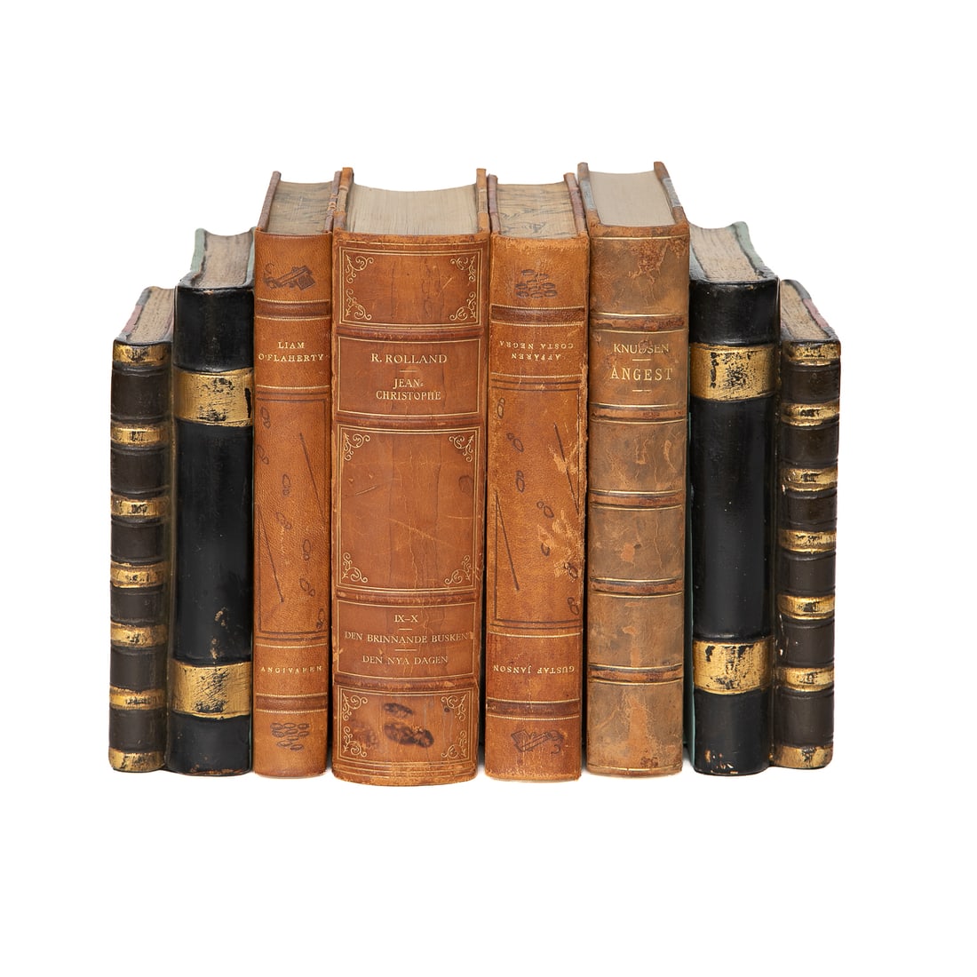Group of Leather Bound Books and Pair of Bookends, Six Total Pieces (1 of 8)
