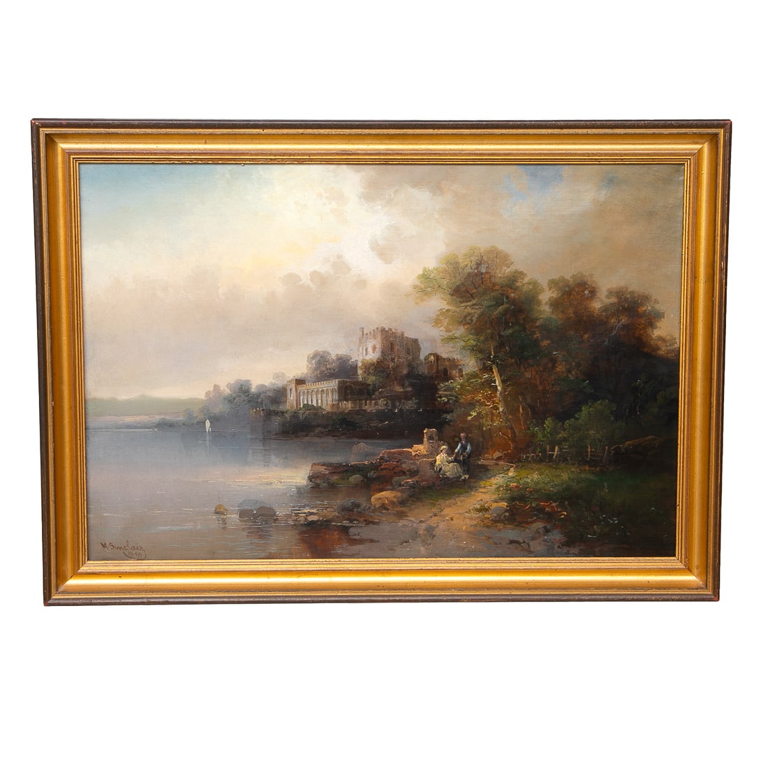 19th C. Castle Scene, Oil on Canvas: 19th C. Castle Scene, Oil on Canvas, Depicting Shane's Castle and Young Lovers, Signed Lower Left M. Sinclair, 1880, Information on Back as Well, Housed in Simple Newer Gold Leaf Frame. 24" High, 34.2