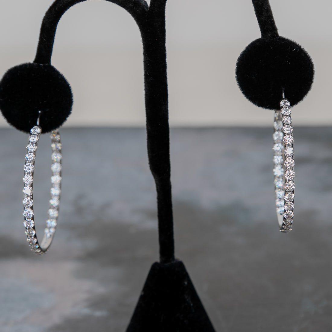 18K White Gold Natural Diamond In & Out Hoop Earrings: 18K White Gold Natural Diamond In & Out Hoop Earrings, Consisting of Sixty (60) Natural Round Brilliant-Cut Diamonds Weighing 6.05 Carats. Diamonds are G in Color and VS in Clarity. Earrings Weigh 16.