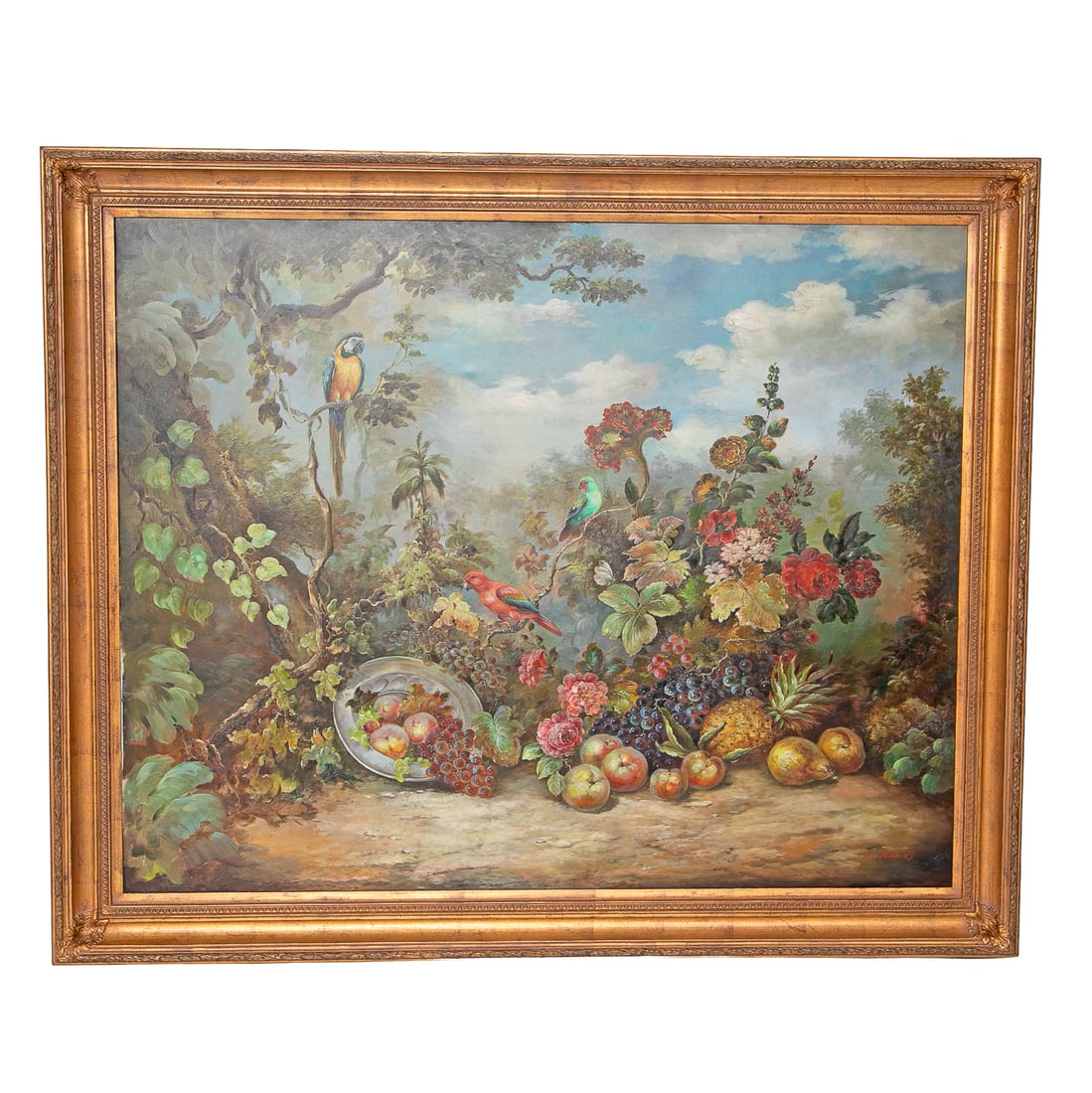 Fruit Still Life, Oil on Canvas: Fruit Still Life, Oil on Canvas, Depicting Grape Clusters, Pineapple, Pears and Peaches on Ground, Floral Plant Behind, Three Birds Resting on Branches, Trees, Signed Lower Right N. Richard, Housed