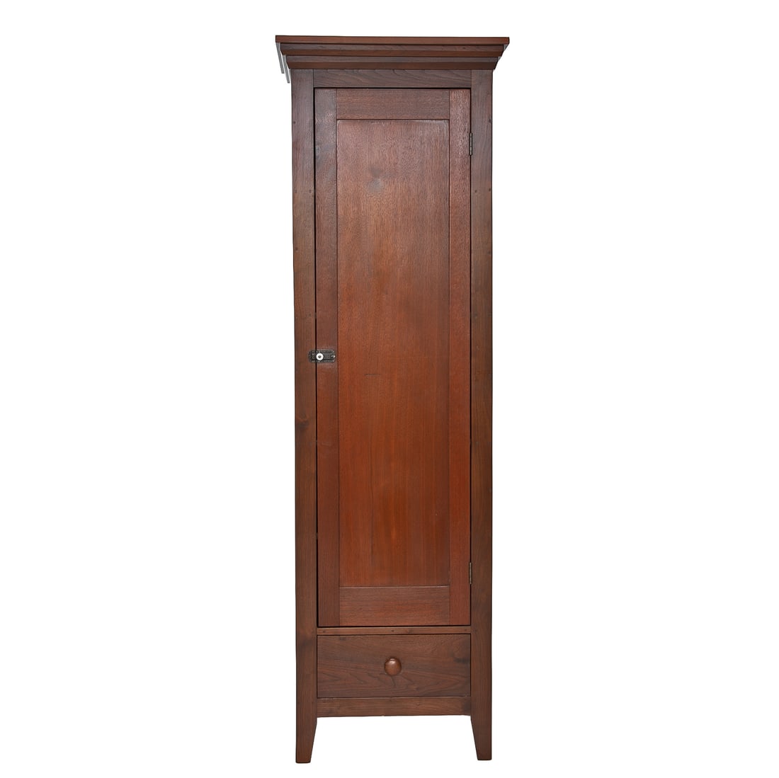 Antique Southern American Walnut Single Door Cabinet: Antique Southern American Walnut Single Door Cabinet, Having Cherry Finish, Molded Cornice, Brass Hinged Lock, Single Lower Drawer with Wooden Knob Pull, Interior Reveals Four Shelves, Resting on Squa
