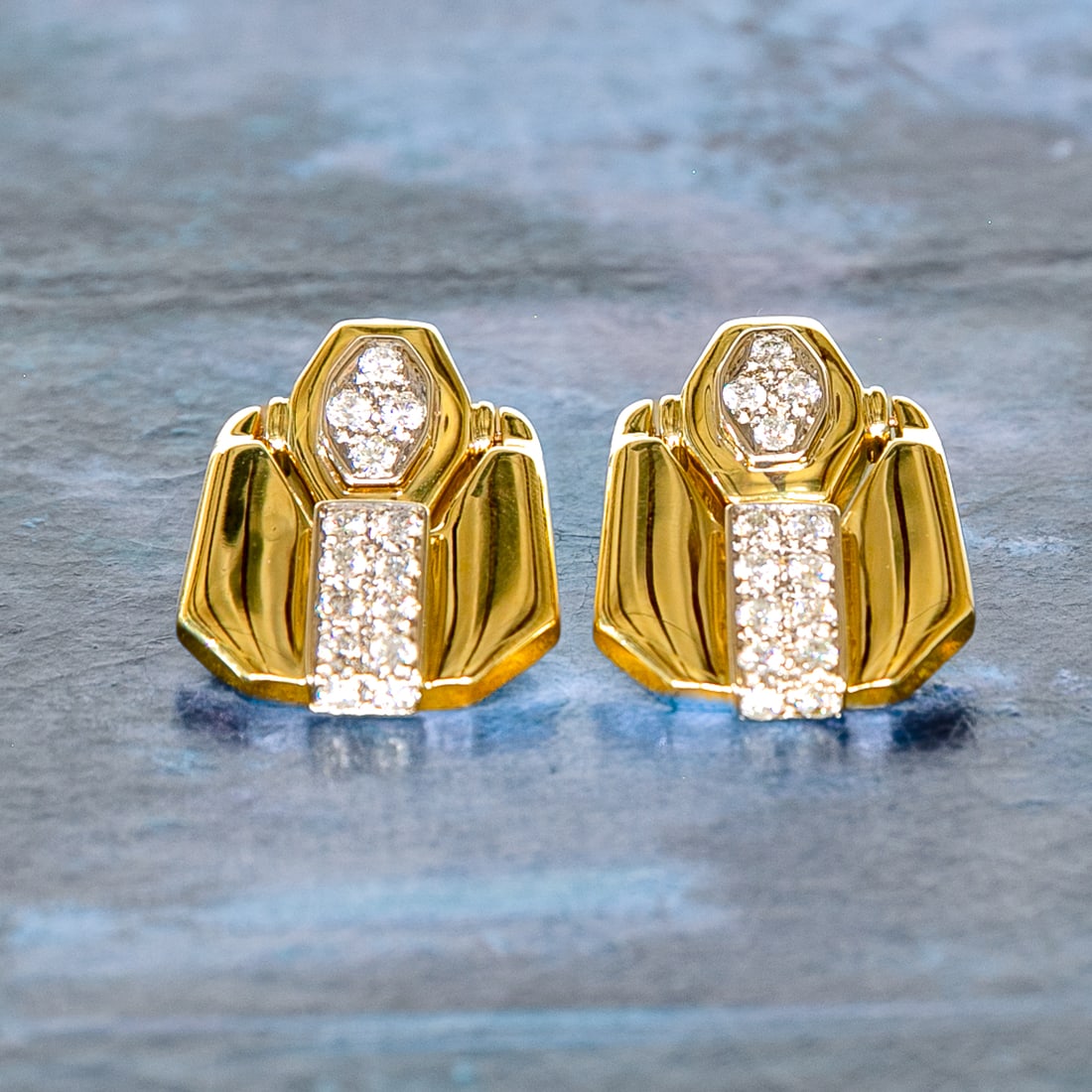 18K Yellow Gold Diamond Earrings: 18K Yellow Gold Diamond Earrings, Consisting of Twenty-Eight (28) Natural Round Brilliant-Cut Diamonds Weighing 2.50 Carats. Diamonds are G-H in Color and VS in Clarity. Earrings Weigh 36.0 Grams.