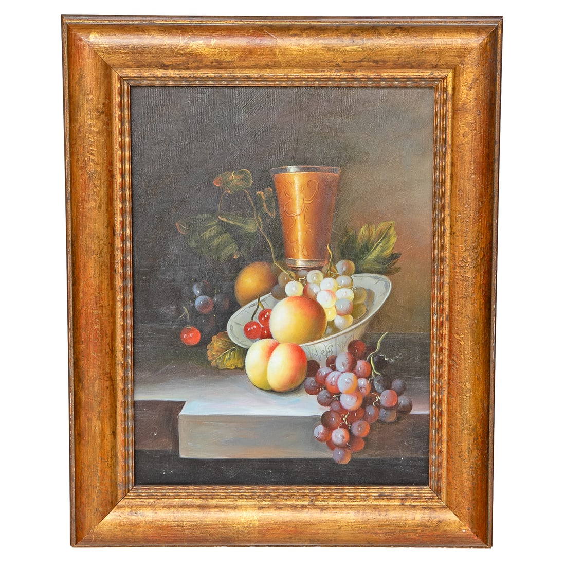 Fruit Still Life, Oil on Canvas: Fruit Still Life, Oil on Canvas, Depicting Purple and Green Grapes, Peaches, Cherries, In Bowl with Green Leaves, All on Table Top, Housed in Simple Burnished Gold Leaf Frame. 20.75" High, 16.75" Wide