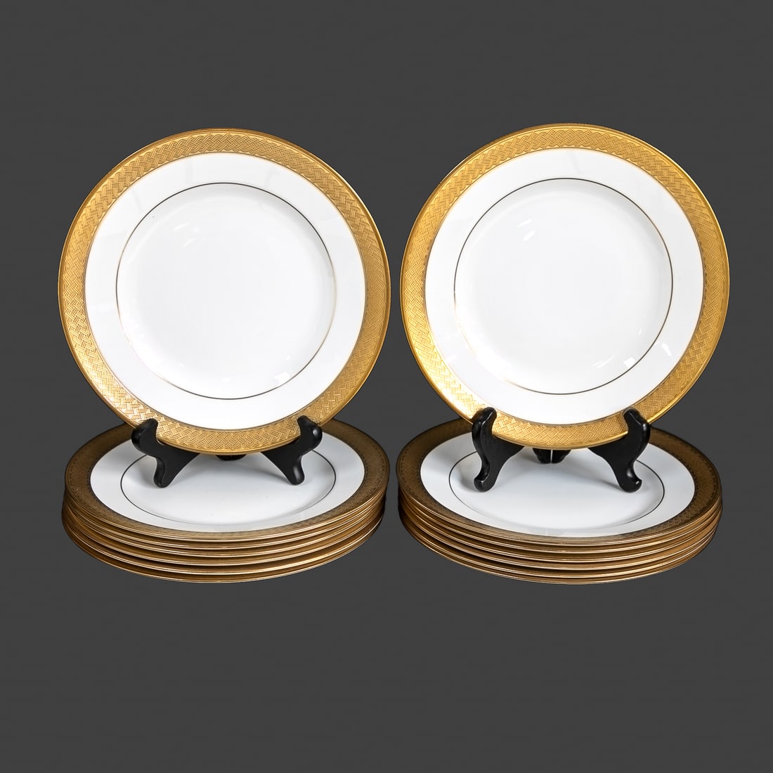 Waterford Fine English Chine Kells Pattern Salad Plates, Fourteen Total: Waterford Fine English Chine Kells Pattern Salad Plates, Fourteen Total, Having Gold Edges Featuring Geometric Basket Weave Pattern, Gold Interior Border, Marked on Bottoms. .75" High, 8" Diameter