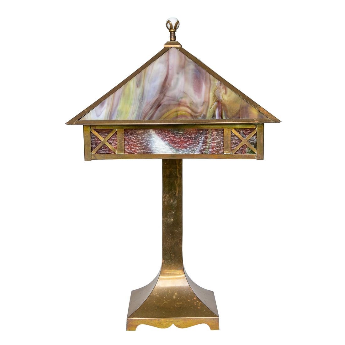 1920-1930's Square Leaded Glass and Brass Table Lamp (1 of 8)