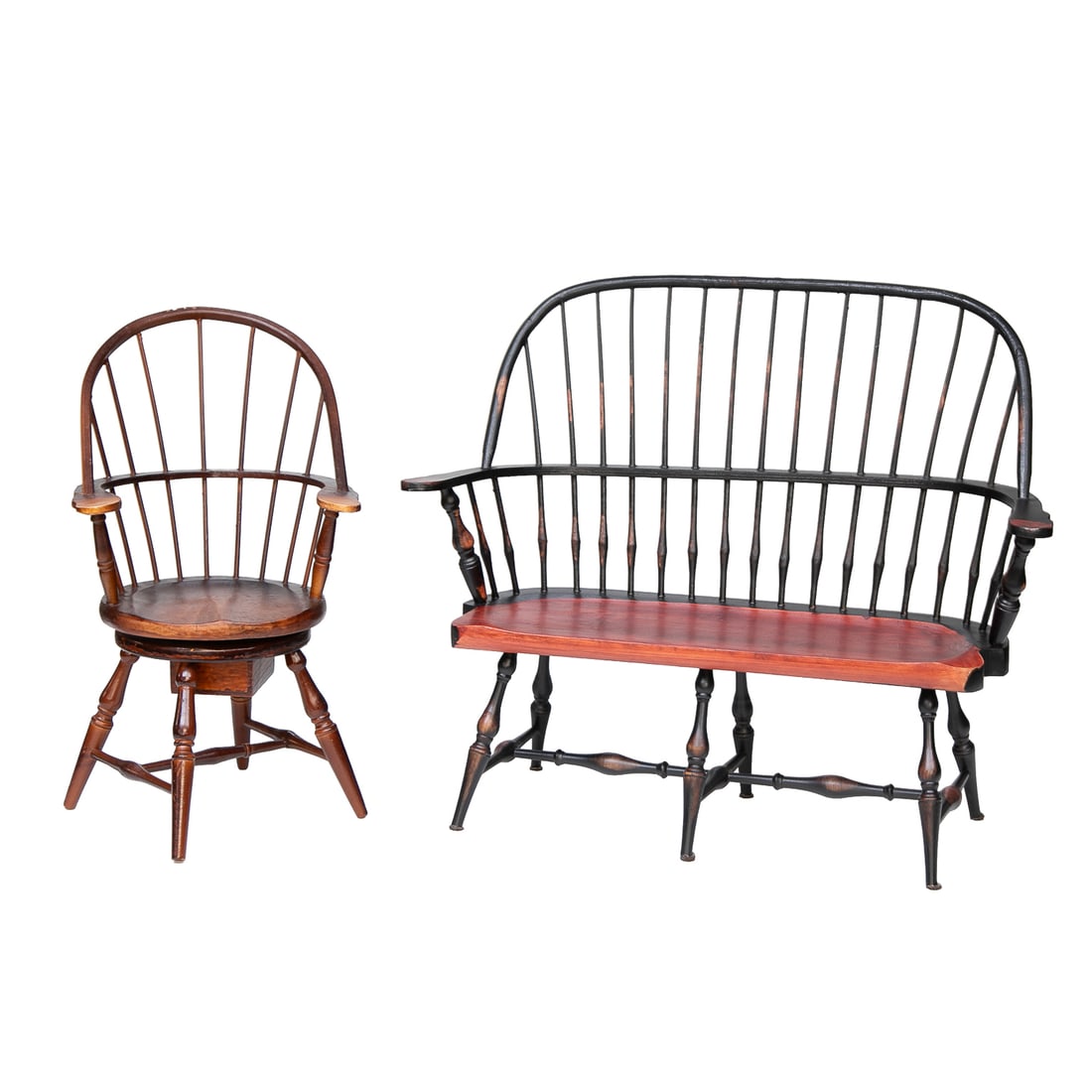 Vintage Crafted Birch Wood Doll Chairs, Two Total Pieces: Vintage Crafted Birch Wood Doll Chairs, Two Total Pieces, Includes One Windsor Bench Having Ebony Finish and Cherry Finish Seat, Spindle Back, Shaped Seat, H Shape Support Stretchers, 14.5" High, 17" 