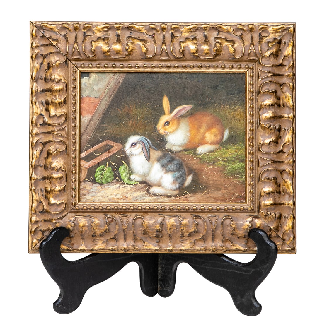 Bunny Scene, Oil on Canvas: Bunny Scene, Oil on Canvas, Depicting Two Bunnies Snacking on Lettuce Leaves in Barn, Signed R. Moore Lower Right, Housed in Ornate Gold Leaf Frame Featuring Beaded Edge and Leaf Designs. 13.5" High, 