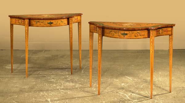 Superb pair of shaped English satinwood console t: Superb pair of shaped English satinwood console tables having hand painted fruit, foliate and floral decorations on tapered legs, 34-1/2" wide, 17" deep, 31" high