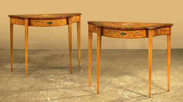Pair of exquisite English satinwood shaped consol: Pair of exquisite English satinwood shaped console tables having hand painted decorations on tapered legs, 34-1/2" wide, 17-1/4" deep, 30-1/2" high