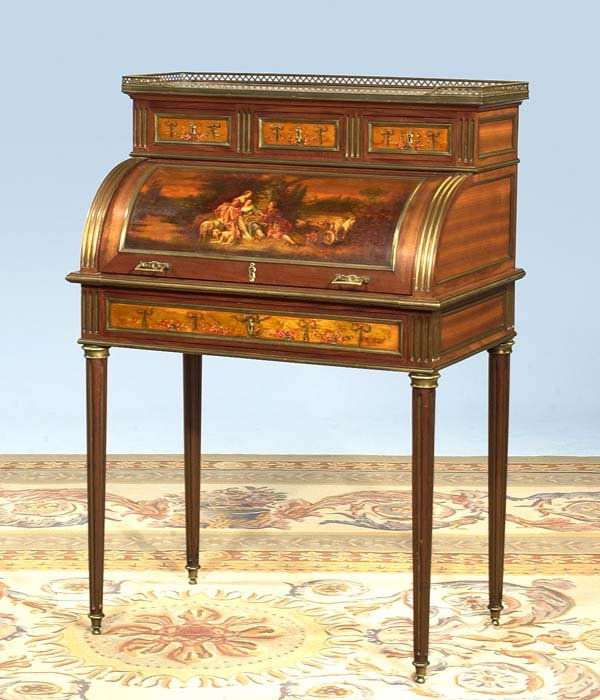 Important French mahogany and Vernis Martin bure: Important French mahogany and Vernis Martin bureau a cylindre with galleried marble top over cylinder painted with romantic scene enclosing fitted interior including sliding writing surface over drawe