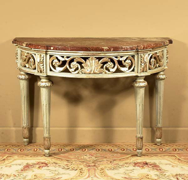 Superb pair of Louis XVI decorated and silver gil: Superb pair of Louis XVI decorated and silver gilt marble top console tables, c.1890, 52" wide, 24-1/2" deep, 36" high