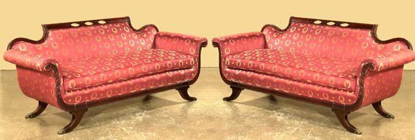 Pair of Duncan Phyfe style mahogany roll over arm: Pair of Duncan Phyfe style mahogany roll over arm sofas, 80" wide, 29" deep, 34" high