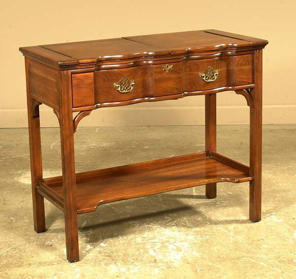 Chippendale style walnut serving table with fold: Chippendale style walnut serving table with fold over top and straight molded legs, 40" wide, 19" deep, 34" high
