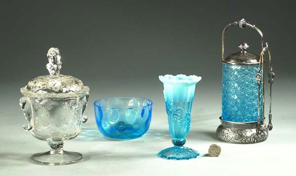 Etched glass honey dish, small blue vase, blue pic: Etched glass honey dish, small blue vase, blue pickle caster and a small blue bowl