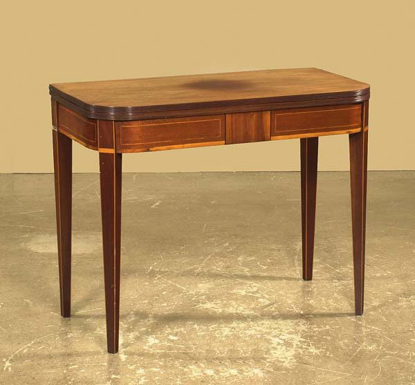 Inlaid Sheraton mahogany lift top game table on sq: Inlaid Sheraton mahogany lift top game table on square tapered legs, c.1860, 36" wide, 18" deep, 28" high
