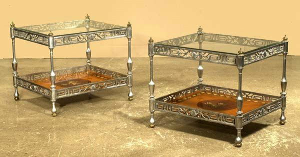 Unusual pair of occasional tables having decorati: Unusual pair of occasional tables having decorative iron and brass frames supporting beveled glass to tops and hand painted satinwood panel to second tiers, 26" wide, 30" deep, 26" high