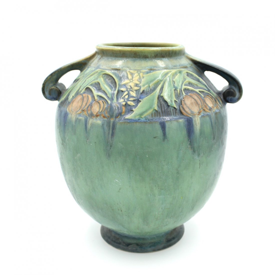 C. 1945 Roseville Baneda Amphora Vase #595-9: Estimate: $200 - $350Description: Roseville Baneda Amphora vaseDimensions: 9" x 9" x 8"Condition: Very Good, near mint, no chips, no cracks, a few light surface marks or mars but nothing through the