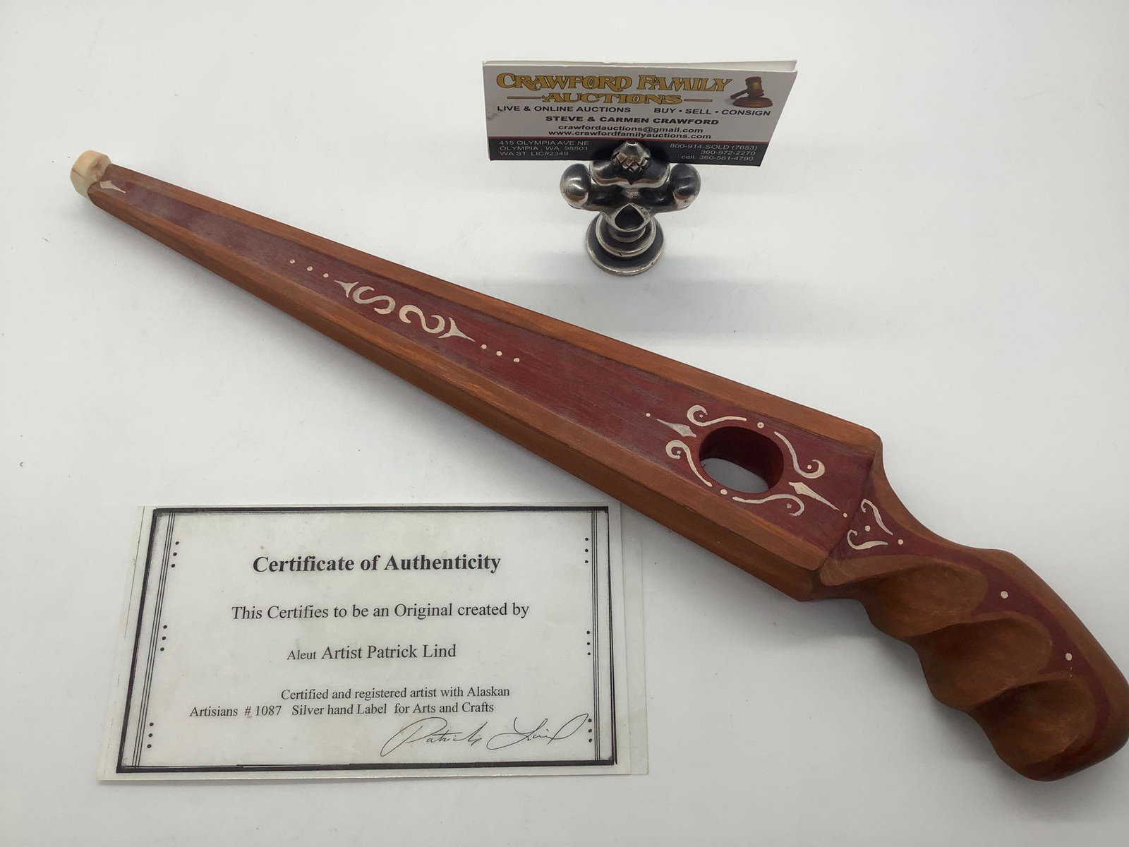 2005 hand signed Aleut throwing spear tool by artist: 2005 hand signed Aleut throwing spear tool by artist Patrick Lind. Comes with COA. Measures approx 16x4x1 inch.