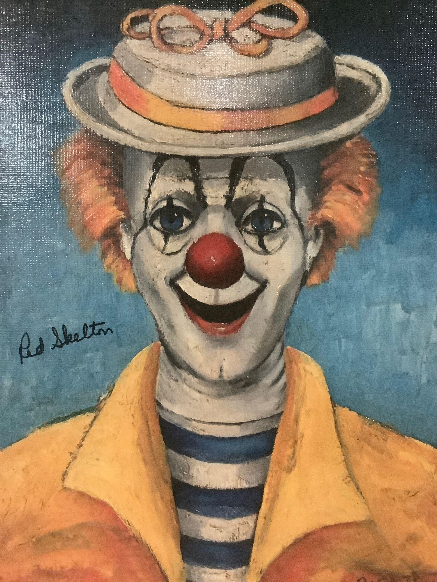 Girl Clown - framed Red Skelton ltd ed repro canvas: Original framed Red Skelton limited edition canvas reproduction of an original clown oil painting W/ signed and numbered COA - Girl Clown - 330/5000, approx 20.5 x 24.5 inches.