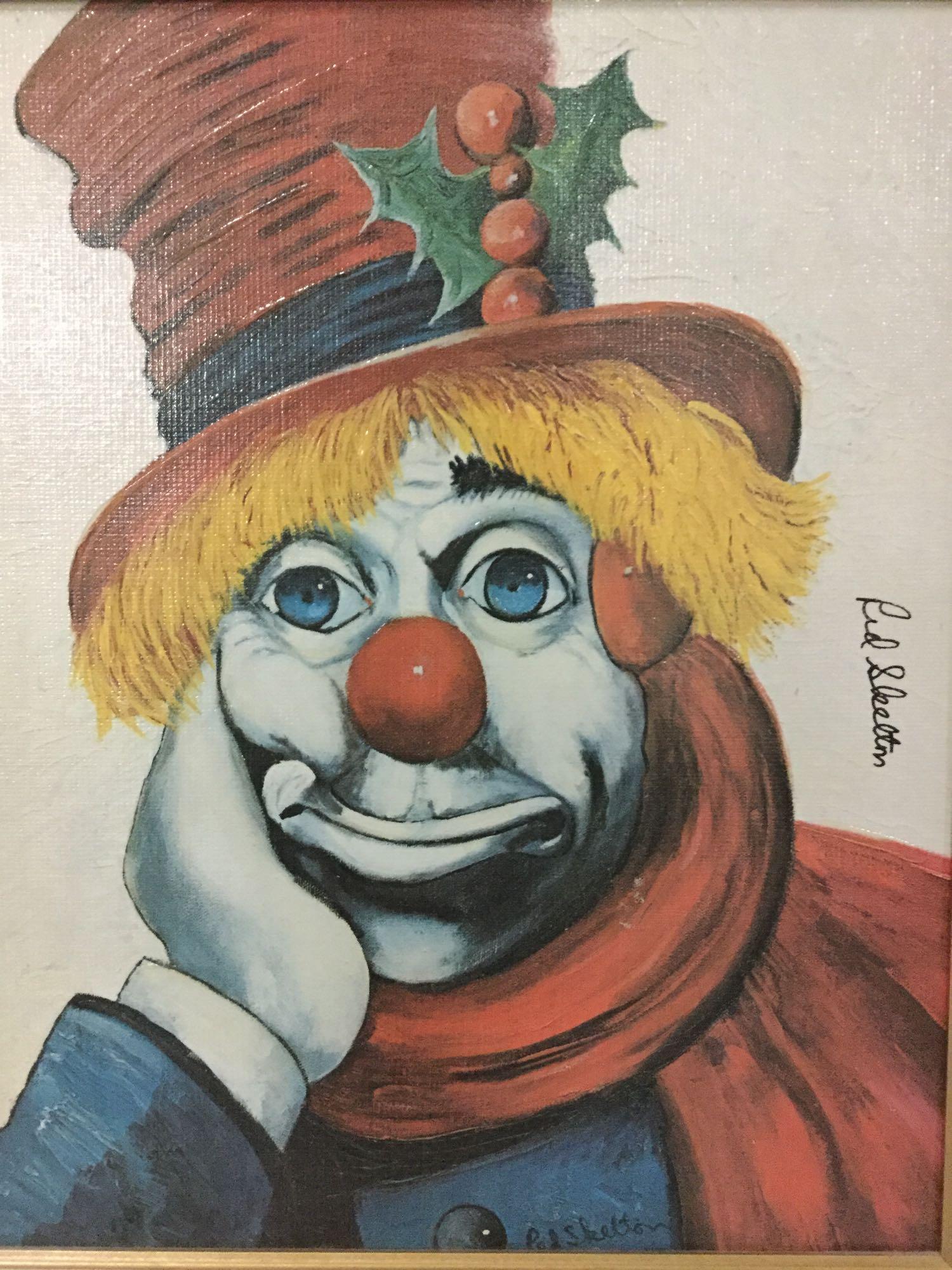 Holly Clown - framed Red Skelton ltd ed repro canvas: Original framed Red Skelton limited edition canvas reproduction of an original clown oil painting W/ signed and numbered COA - Holly Clown - 667/5000, approx 25 x 20.5 inches.