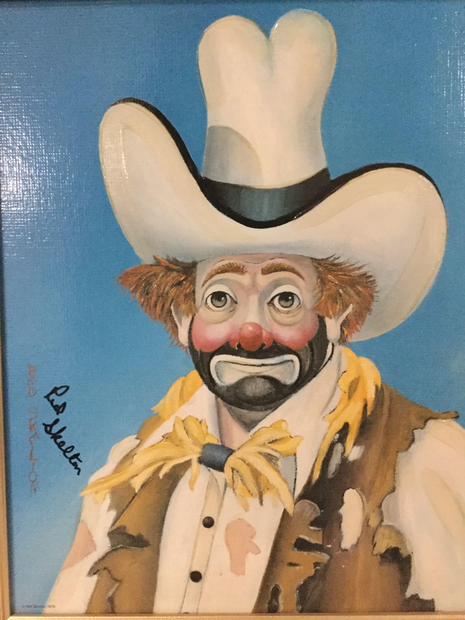 The New Stetson - framed Red Skelton ltd ed repro: Original framed Red Skelton limited edition canvas reproduction of an original clown oil painting W/ signed and numbered COA - The New Stetson - 546/5000, approx 19 x 23 inches.