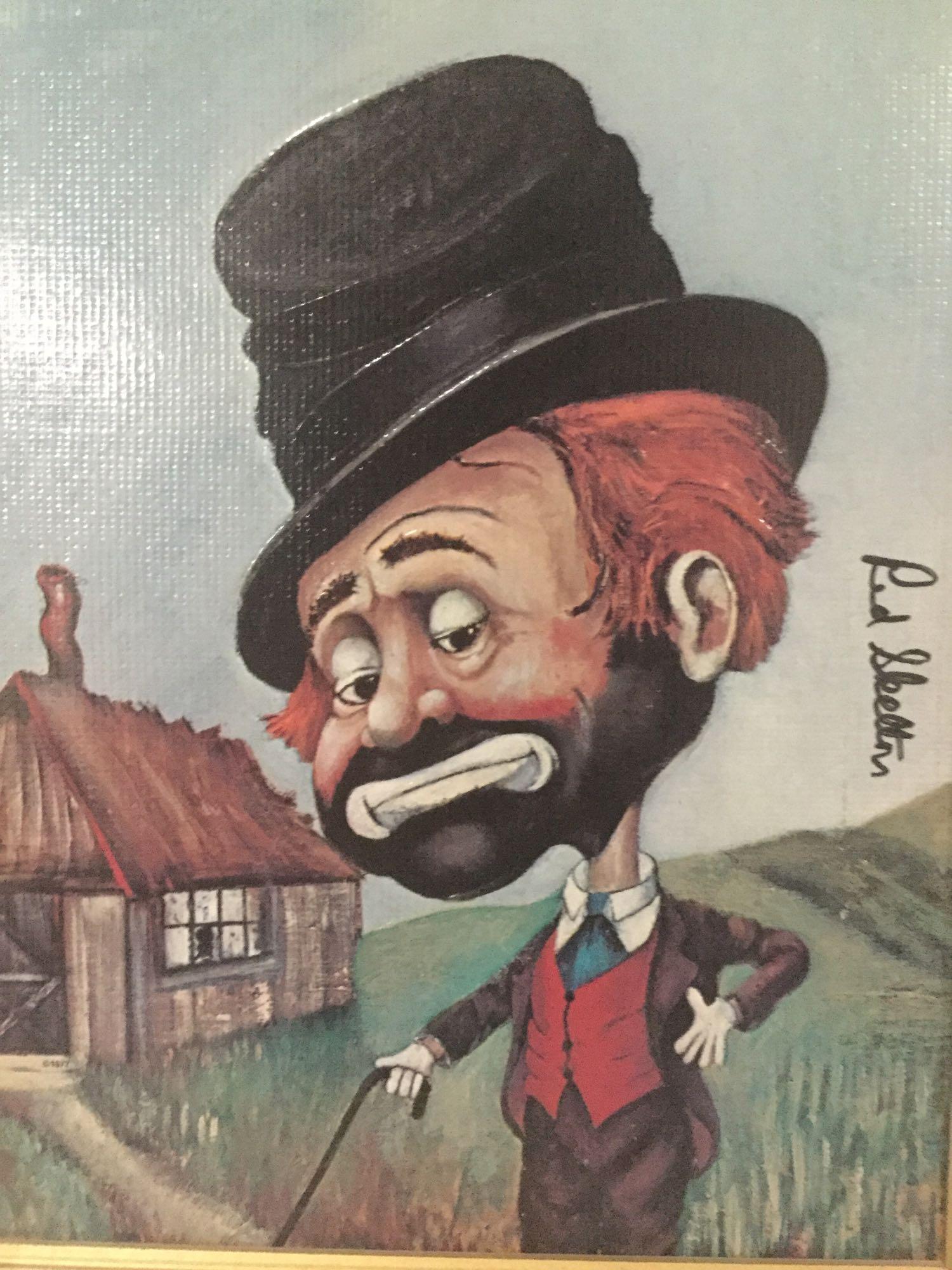 Freddie's Shack - framed Red Skelton ltd ed repro: Original framed Red Skelton limited edition canvas reproduction of an original clown oil painting W/ signed and numbered COA - Freddieâ€™s Shack - 2967/5000, approx 19x16 inches.