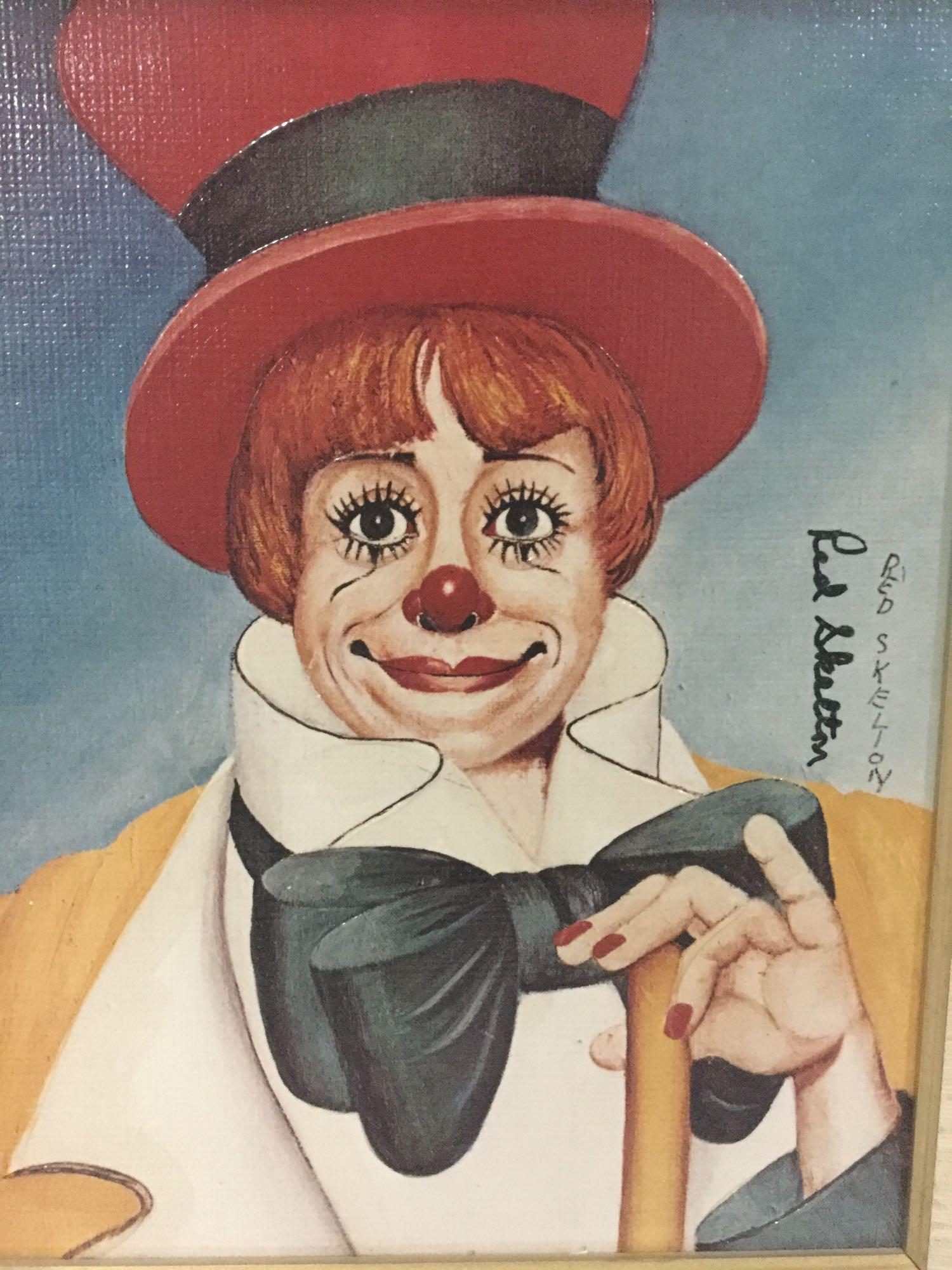 Clown's Clown - framed Red Skelton ltd ed repro canvas: Original framed Red Skelton limited edition canvas reproduction of an original clown oil painting W/ signed and numbered COA - Clownâ€™s Clown - 1014/5000, approx 19x16 inches.