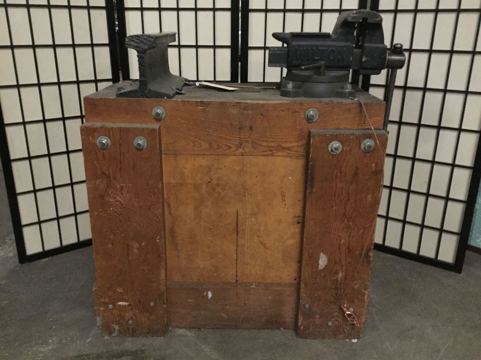 Custom small wooden work bench w/ U.S. made Wilton: Custom small wooden work bench w/ U.S. made Wilton clamp No. 8-1645 & anvil made out of railroad track, approx. 36x33x18 inches.