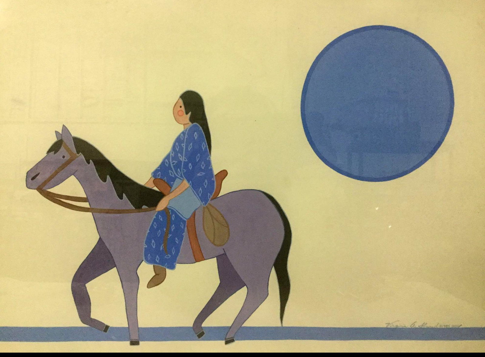 1985 lithographic print of Native American female: Vintage 1985 lithographic print of a Native American female rider, signed by beloved Cherokee artist Virginia A. Stroud, some wear on frame, see pics, approx. 27.25x9.25 inches.