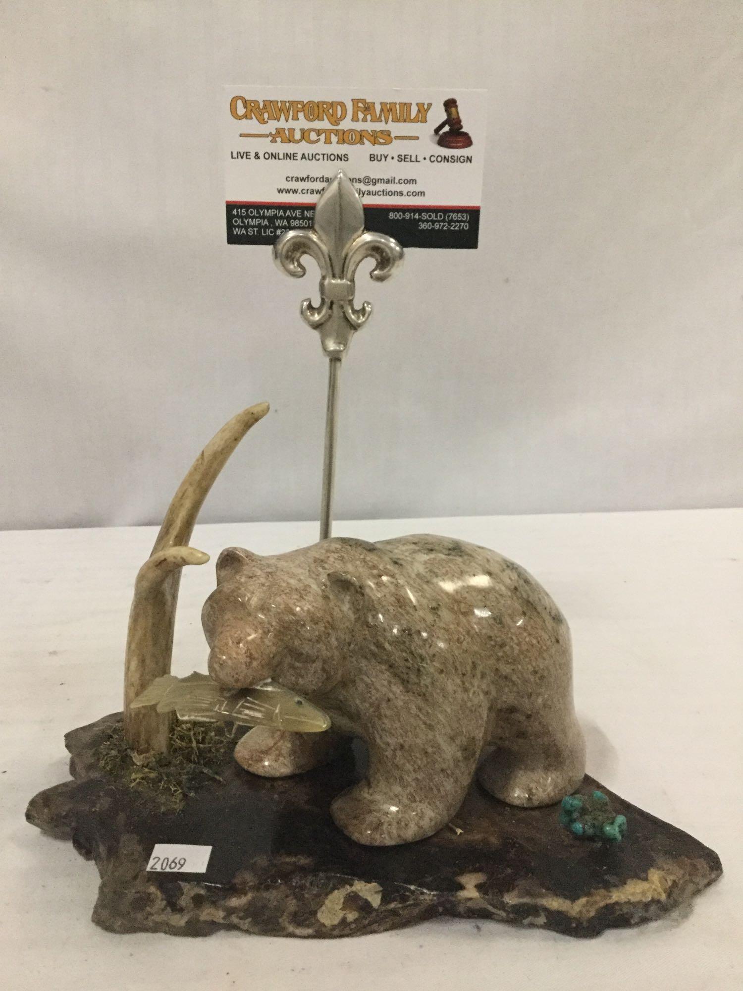 Stone bear sculpture & separateÂ base w/ turquoise and (1 of 5)