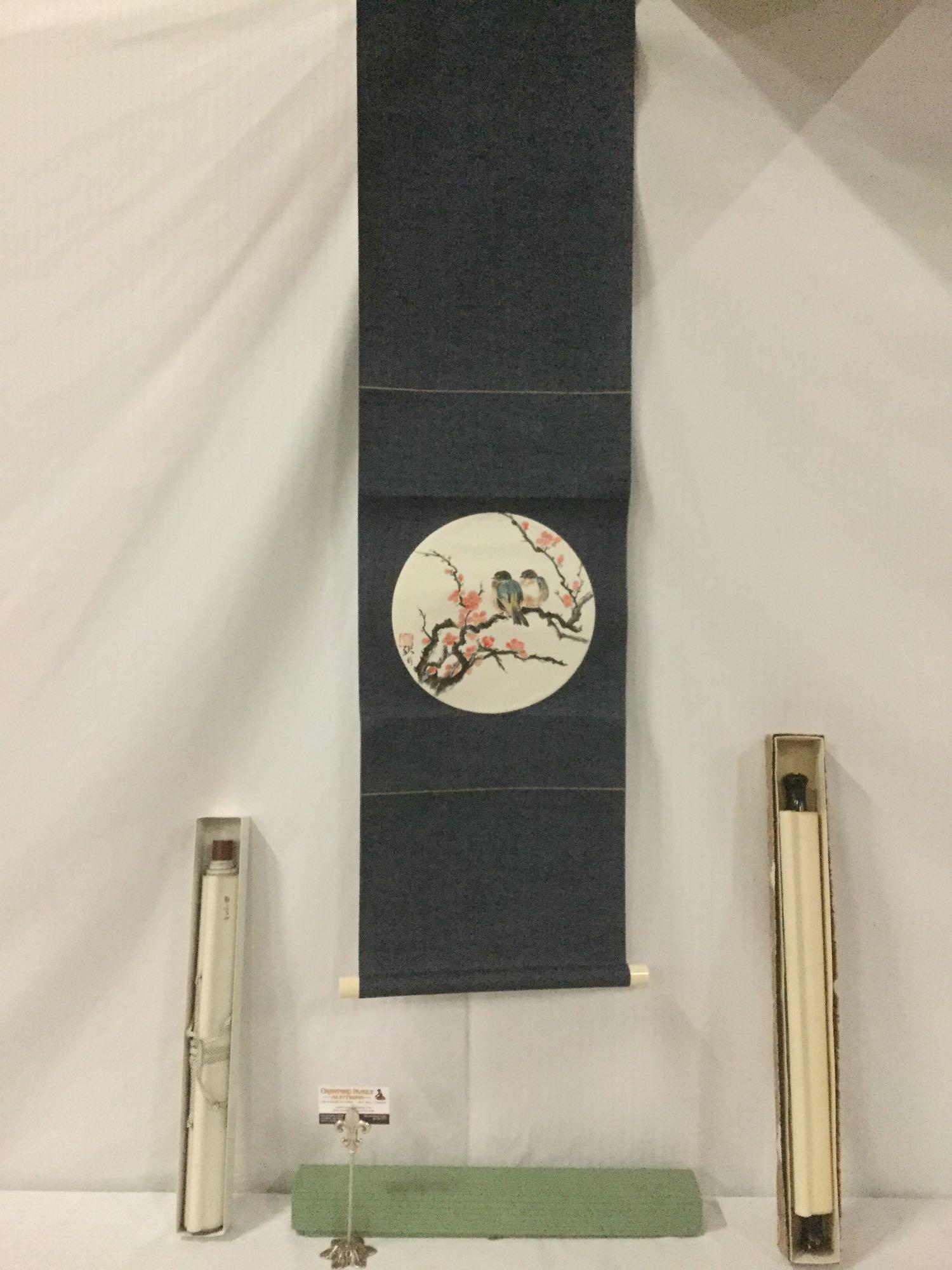 3 Asian scroll art pieces: song bird, mountain (1 of 12)