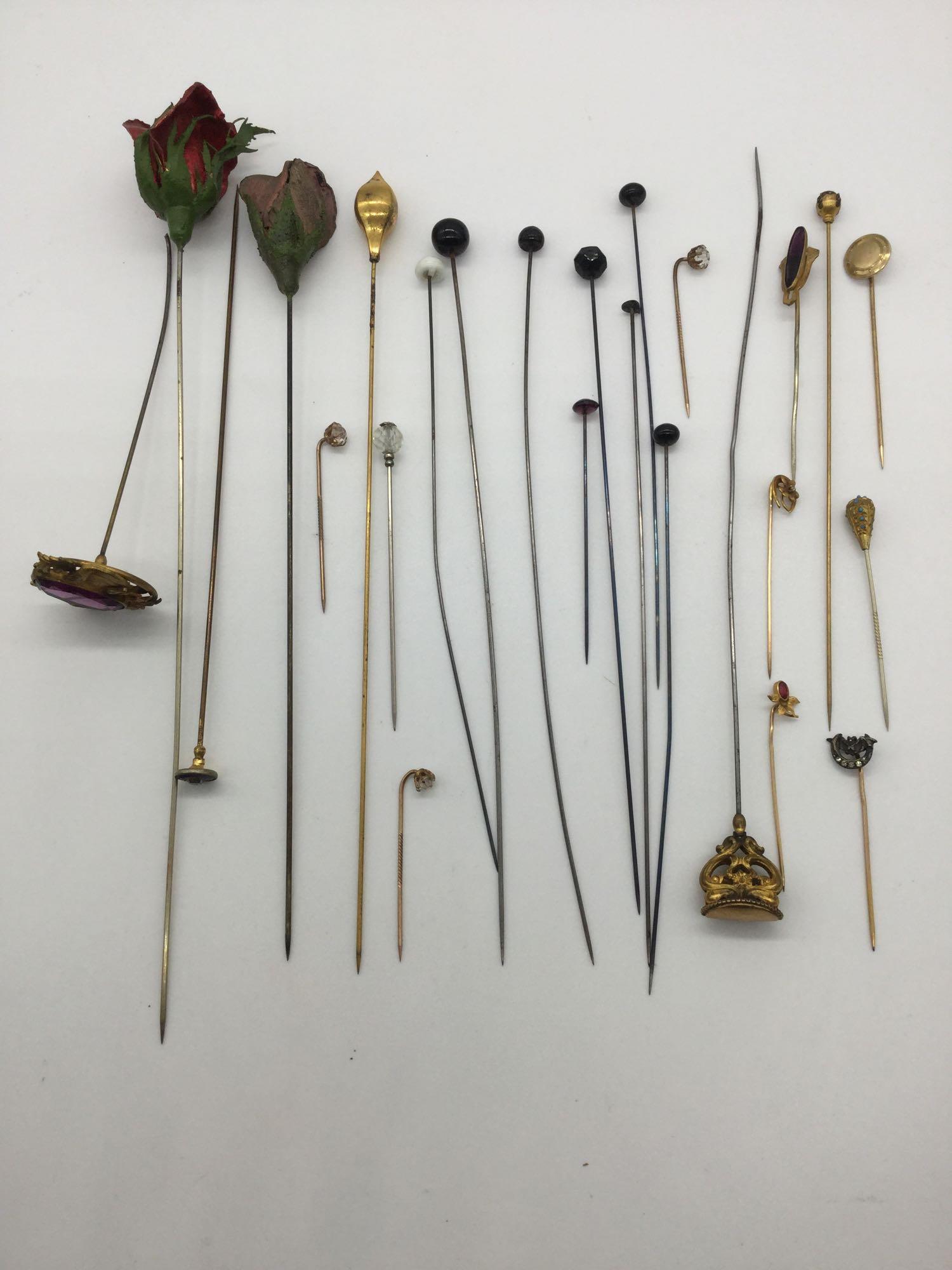 25 antique and vintage hat pins. 1 is 10k gold tested (1 of 13)