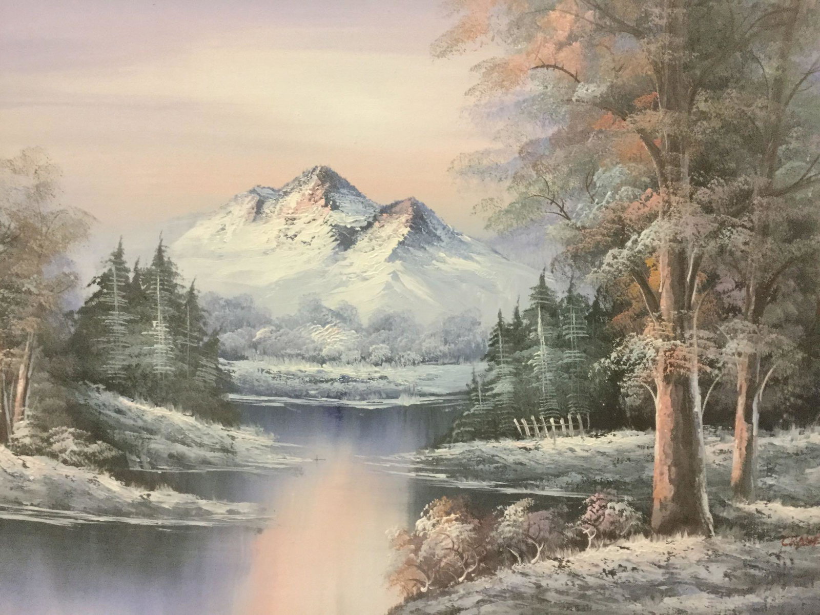 Framed original mountain landscape oil painting signed: Framed original mountain landscape oil painting signed by artist Crane, approx. 38x26x1 inches. Sunset scene of mountain towering over snowy river valley. Small chip on frame, see pics.