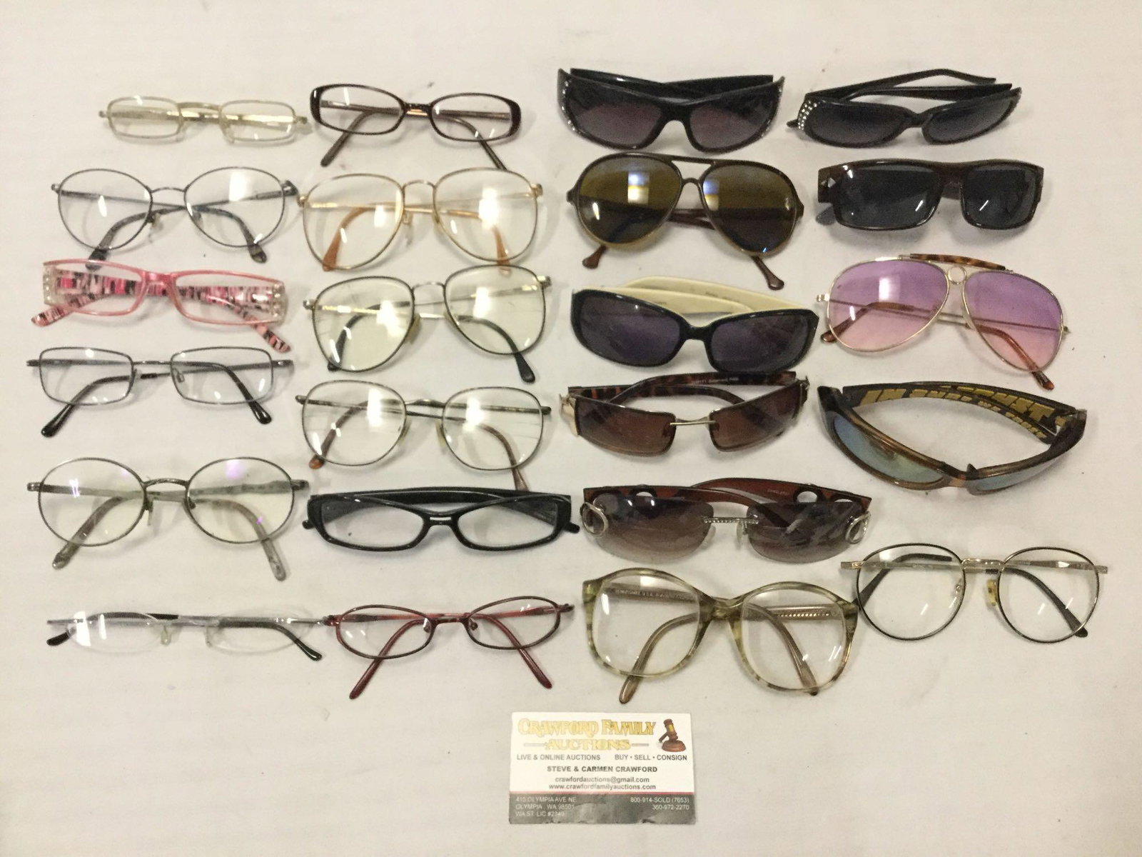 23 pairs of glasses frames and sunglasses. Ralph: Collection of 23 pairs of glasses, prescription, and sunglasses. From popular designers such as Ralph Lauren, Stetson, Panama Jack, Kata, Barbie and more! Largest approx 6x6x2.5 inches.