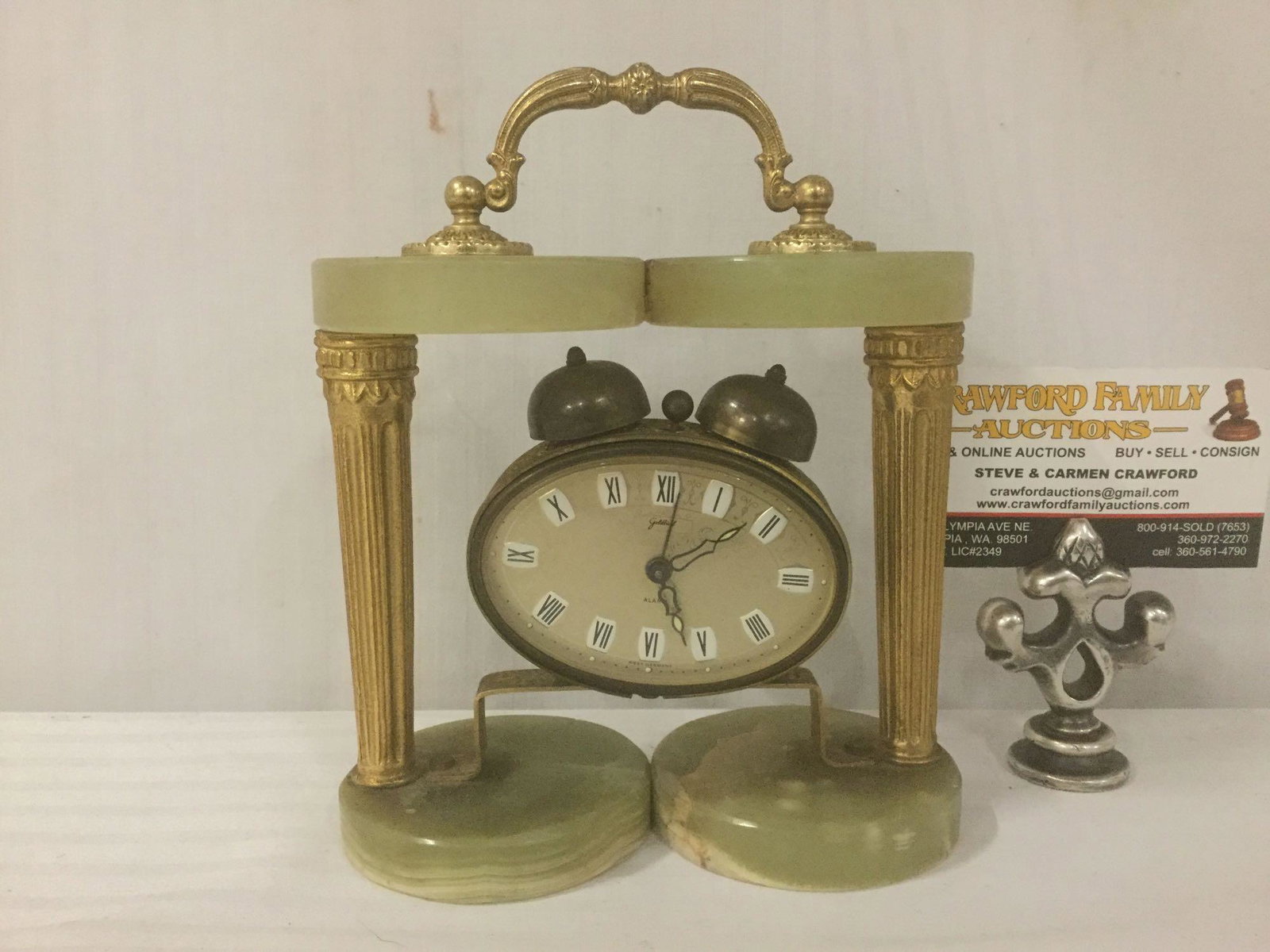 Unique vintage German Goldbuhl mantle alarm clock, sold: Unique vintage German Goldbuhl mantle alarm clock, clock could be tightened more securely to base, untested, approx. 6x3x7 inches.
