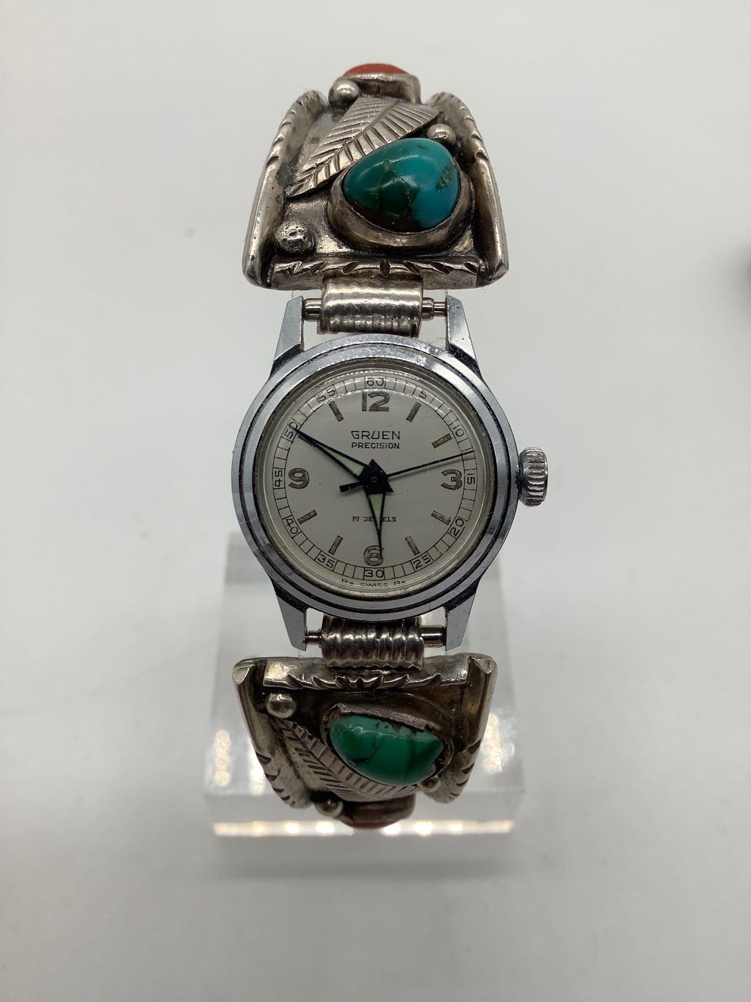 Gruen sterling silver plate wrist watch w/ turquoise /: Gruen sterling silver plate wrist watch w/ turquoise / coral pieces. Approx 6 inches.