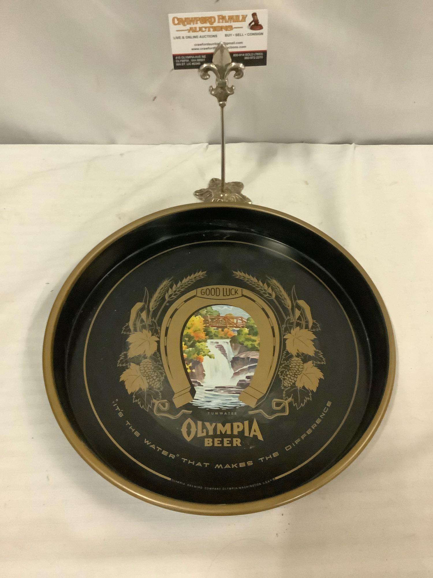 Vintage Olympia Beer metal beverage serving tray.: Vintage Olympia Beer (Tumwater, WA) metal serving tray. Approx 13x13x1.5 inches.