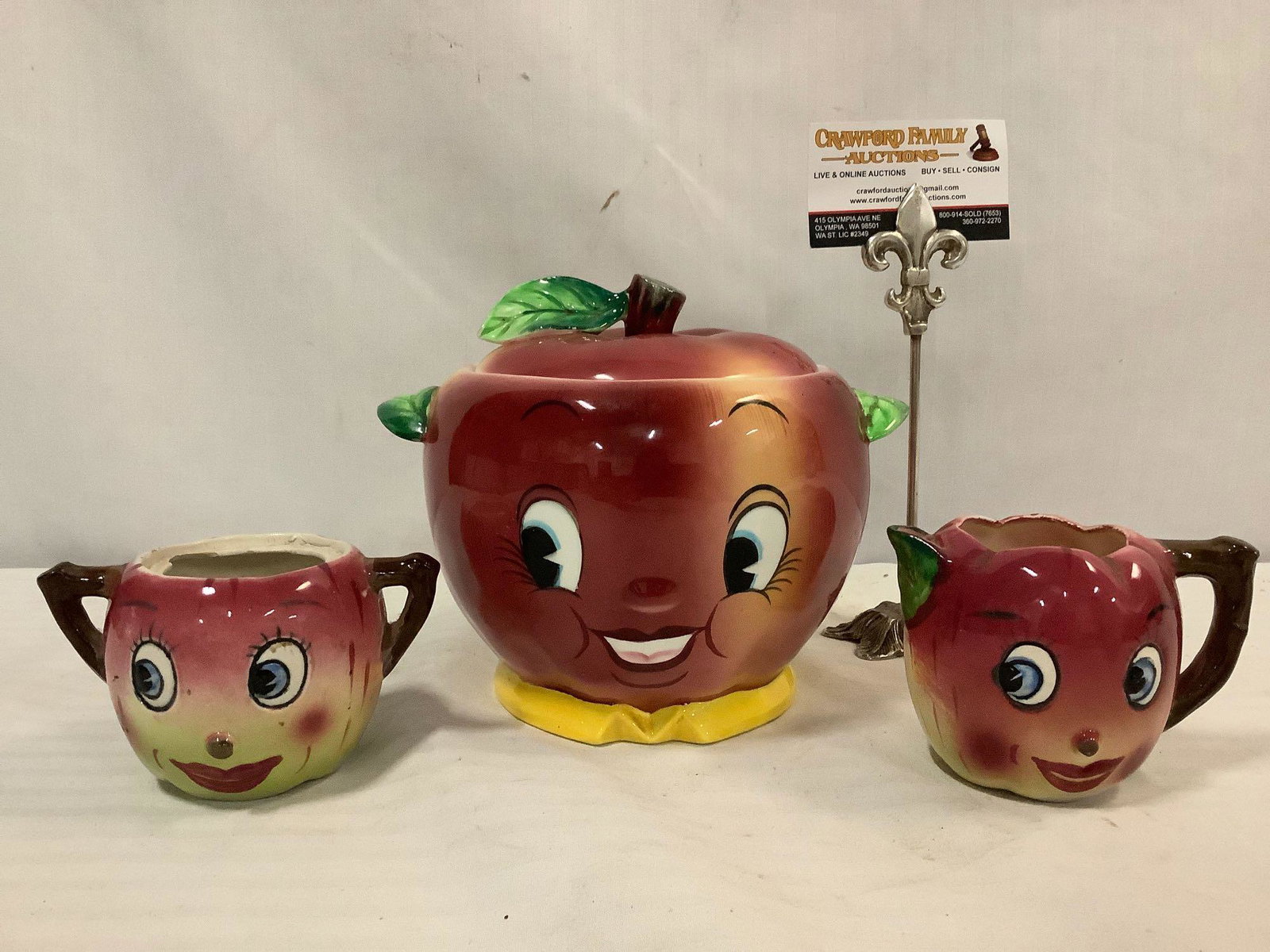 Mid-Century Japanese Miyao apple face cookie jar,: Mid-Century Japanese Miyao apple face cookie jar, creamer and sugar bowl set. Cookie jar approx 8x7x7 inches.
